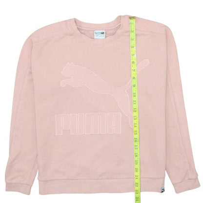 Close-up detail of Puma Women Pink Logo Crew Neck Pullover Sweatshirt, size 10