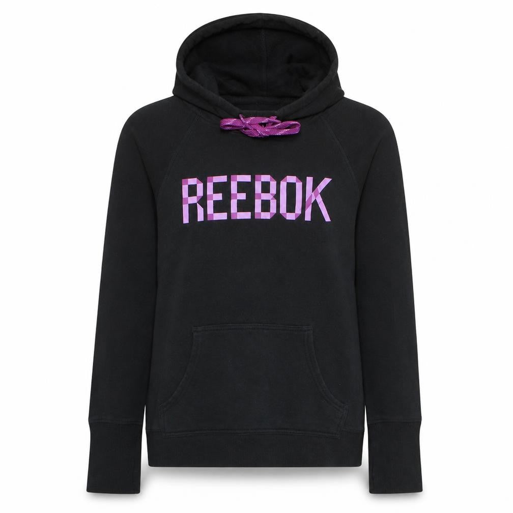 Reebok Womens Black Pullover Hoodie UK Size M Purple Logo Casual