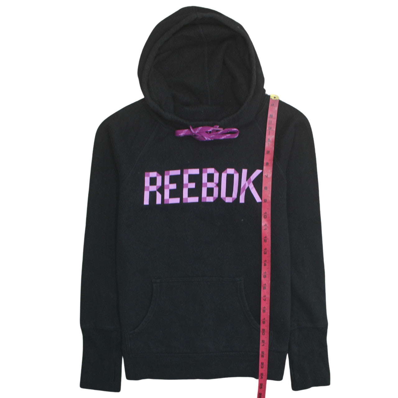 Reebok Womens Black Pullover Hoodie UK Size M Purple Logo Casual