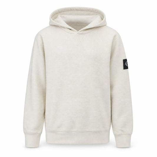 Front view of Calvin Klein Jeans boys’ beige pullover hoodie, size 14, years logo sleeve