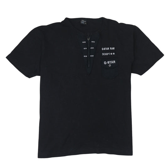 G-Star RAW Mens Black 2XL Henley Zip Logo Cotton T-Shirt
