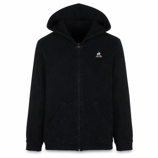 Front view of Le Coq Sportif Men's Black Full Zip Hoodie, size L, Cotton Blend