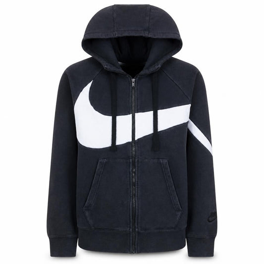 Nike Women Black Full Zip Hoodie Small Cotton Blend Lined Hood Retro Swoosh