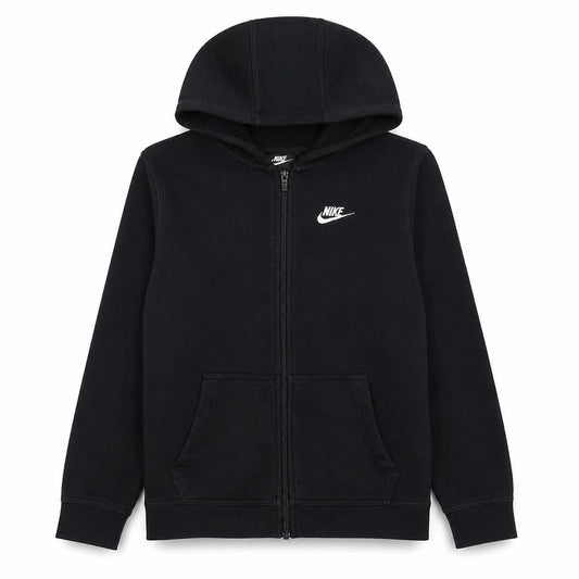 Front view of Nike boys’ black xl full zip fleece hoodie with logo