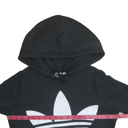 Close-up detail of Adidas Women's Black Pullover Hoodie Small Trefoil Logo Sweatshirt