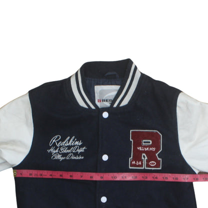 Close-up detail of Redskins boys’ blue varsity jacket 12 years polyester lined college style
