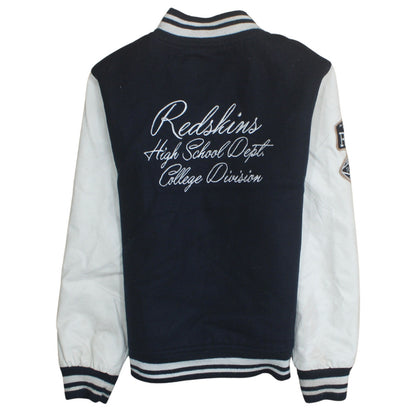 Brand and care label for Redskins boys’ blue varsity jacket 12 years polyester lined college style