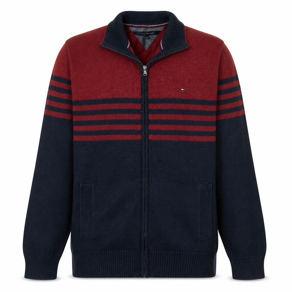 Tommy Hilfiger Men's Red & Navy Striped Full Zip Cotton Jumper 2XL