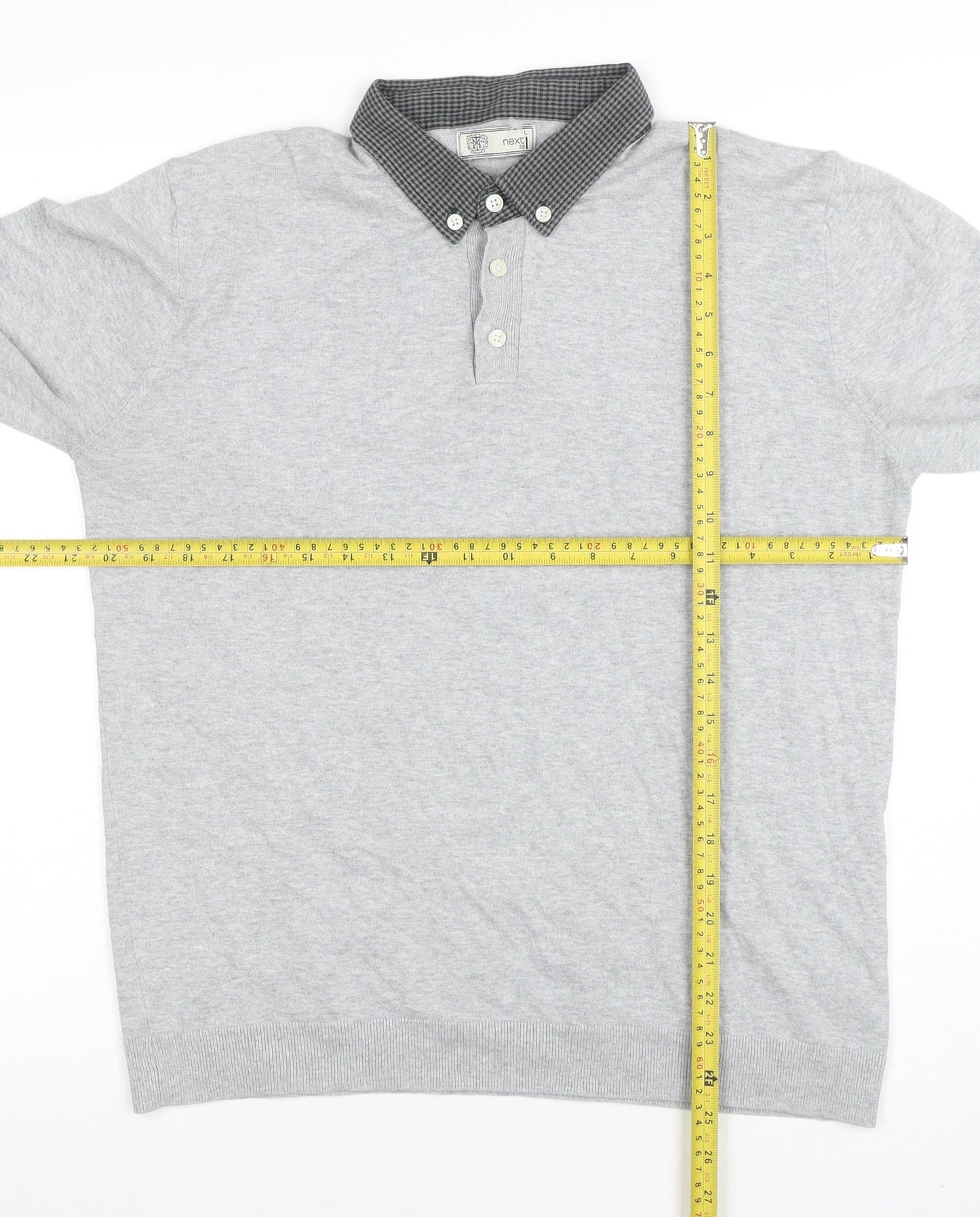 Next Men’s Grey Long Sleeve Button Collar Cotton Polo Shirt L