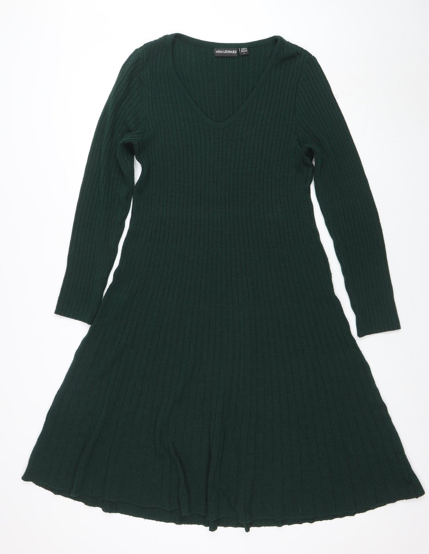 Nina Leonard Women’s Green Knit A-Line Dress Size L Long Sleeve