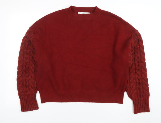 ZARA Women Red Cable Knit Long Sleeve Pullover Jumper Size M