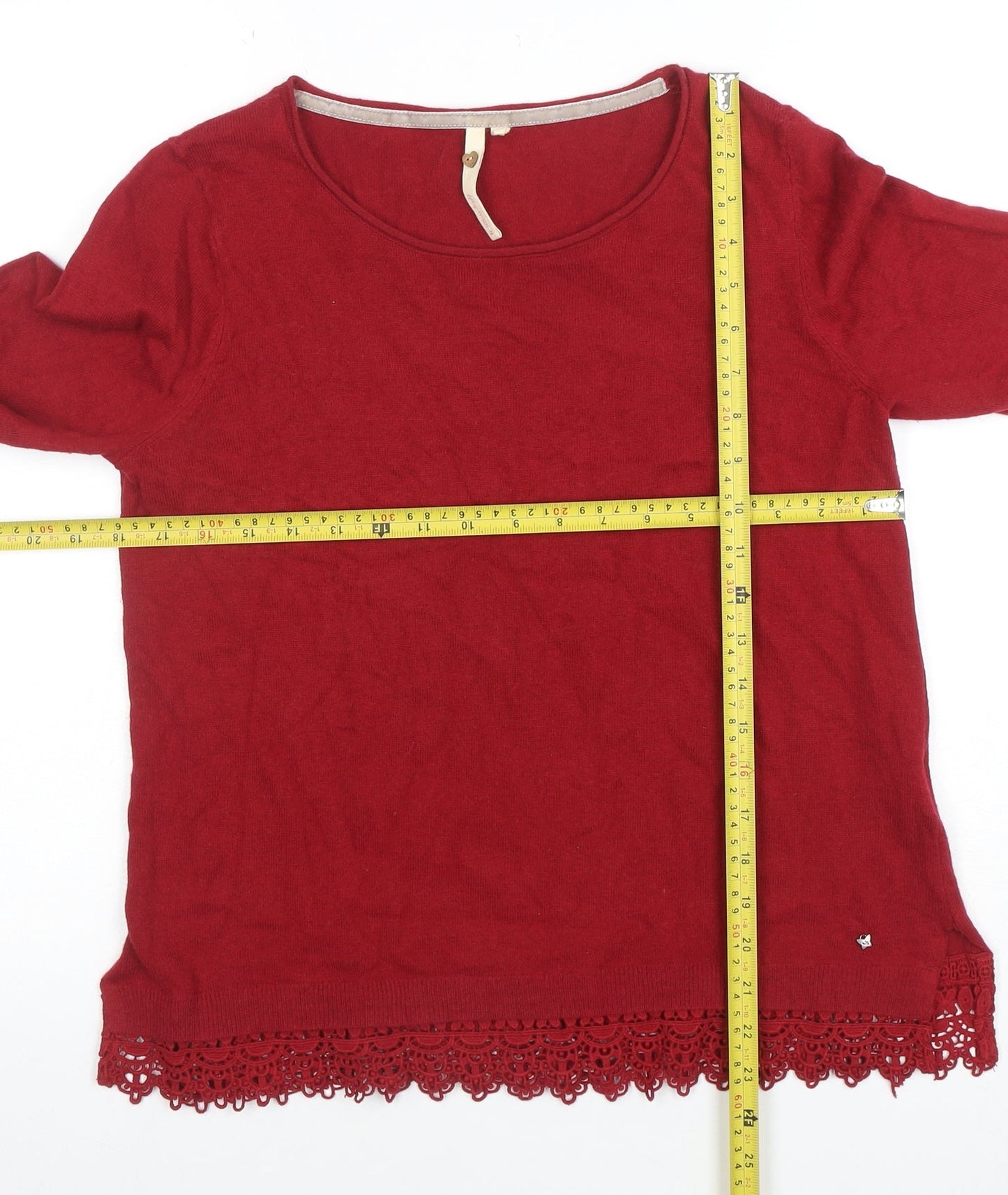 White Stuff Women's Red Crochet Hem Cotton Blend Jumper Size 12