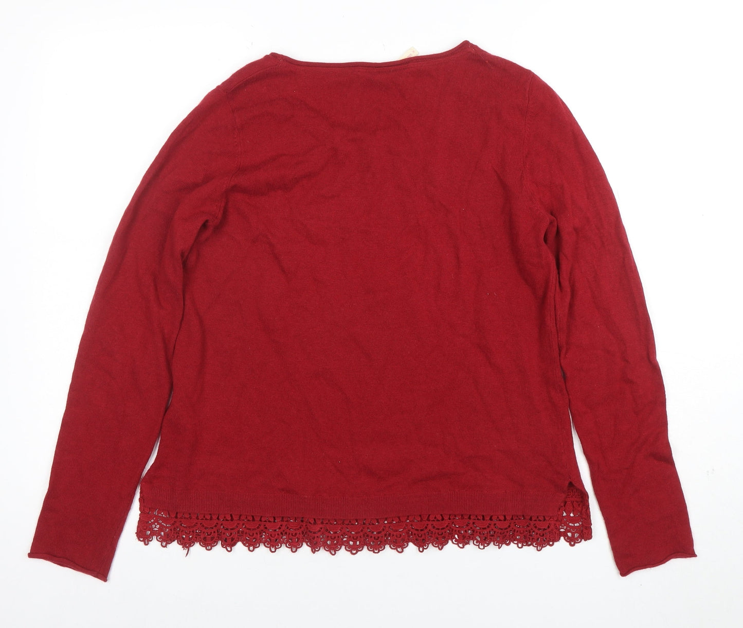 White Stuff Women's Red Crochet Hem Cotton Blend Jumper Size 12