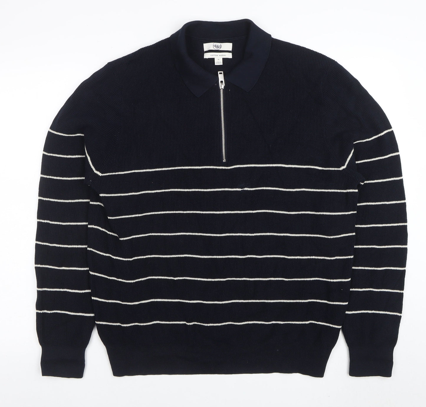 Marks and Spencer Mens Blue Striped Cotton Modal Zip Neck Polo XL