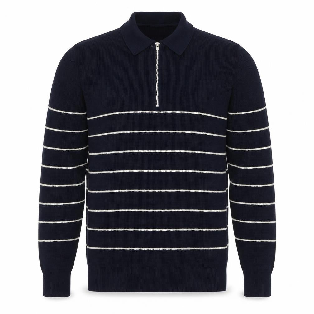 Marks & Spencer Mens Blue Striped Cotton Modal Zip Neck Polo XL
