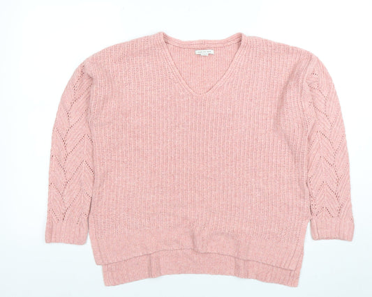 American Eagle Women Pink V-Neck Chunky Knit Jumper Size M