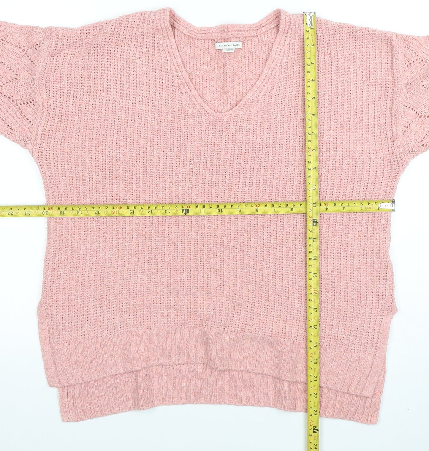 American Eagle Women Pink V-Neck Chunky Knit Jumper Size M