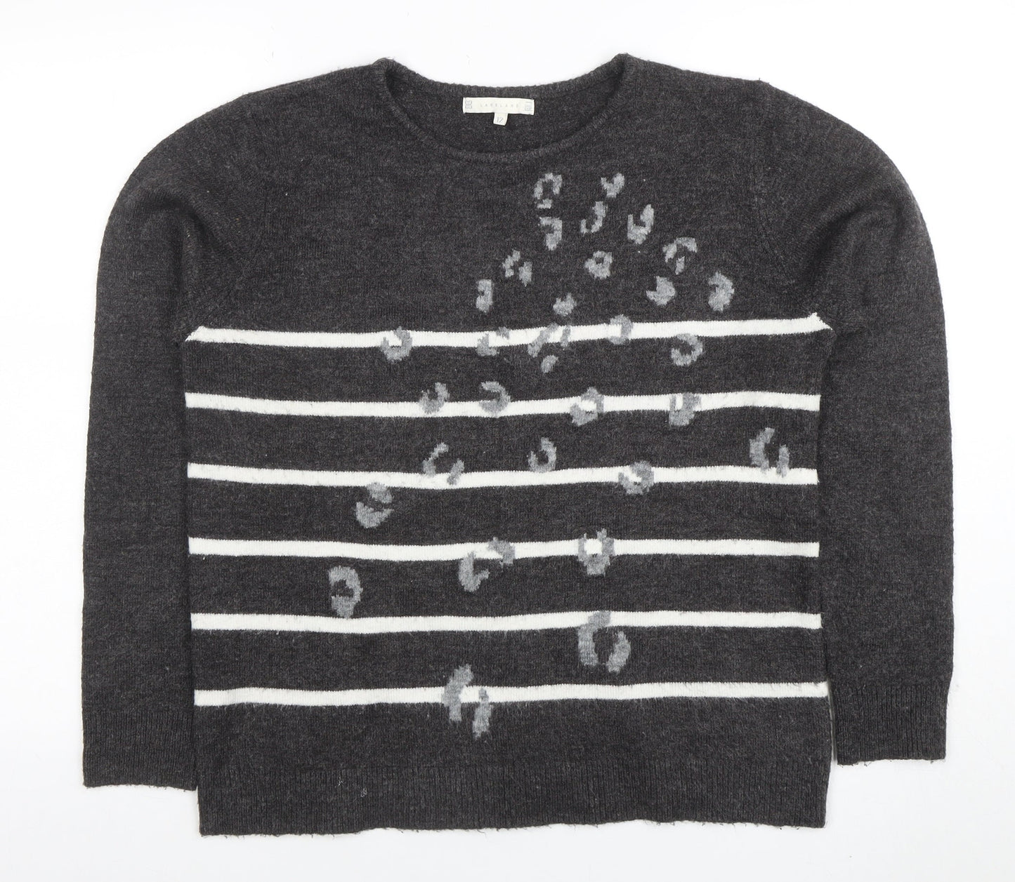 Lakeland Women's Grey Animal Stripe Crew Neck Jumper Size 12