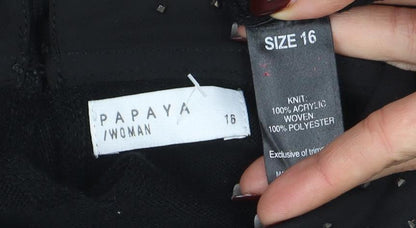 Brand and care label for Papaya Women’s Black Collared Studded Long Sleeve jumper, size UK 16