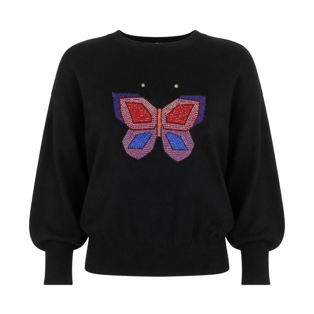 Oasis Womens Black Butterfly Sequin Pullover Jumper Size S