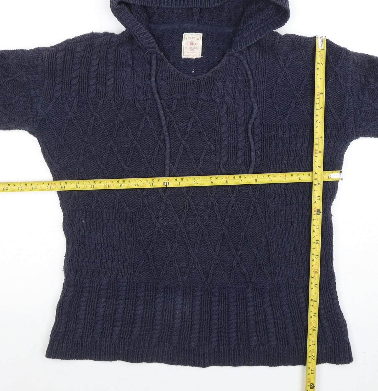 Fat Face Womens Blue Hooded Chunky Knit V-Neck Jumper Size 10