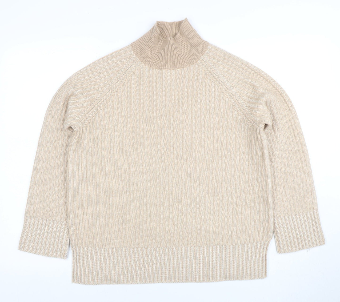 Jaeger Women Beige Wool Cashmere Roll Neck Rib Jumper Size S