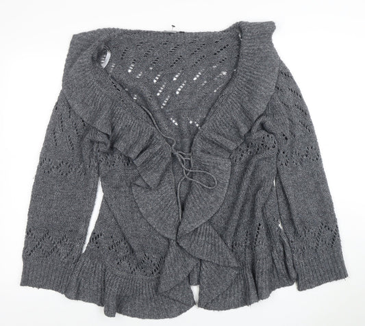 Lily Essentials Women’s Grey Ruffle Knit Open Cardigan Size 14