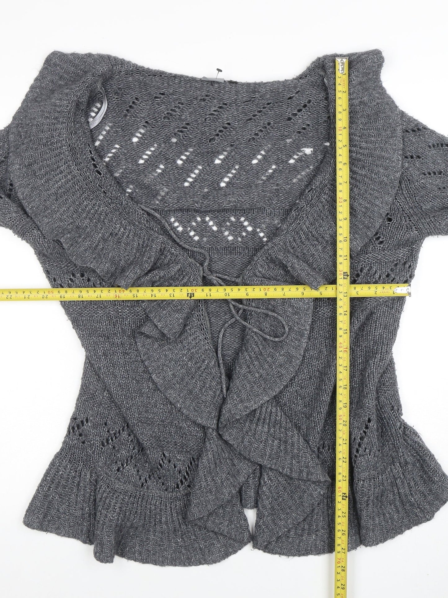 Lily Essentials Women’s Grey Ruffle Knit Open Cardigan Size 14