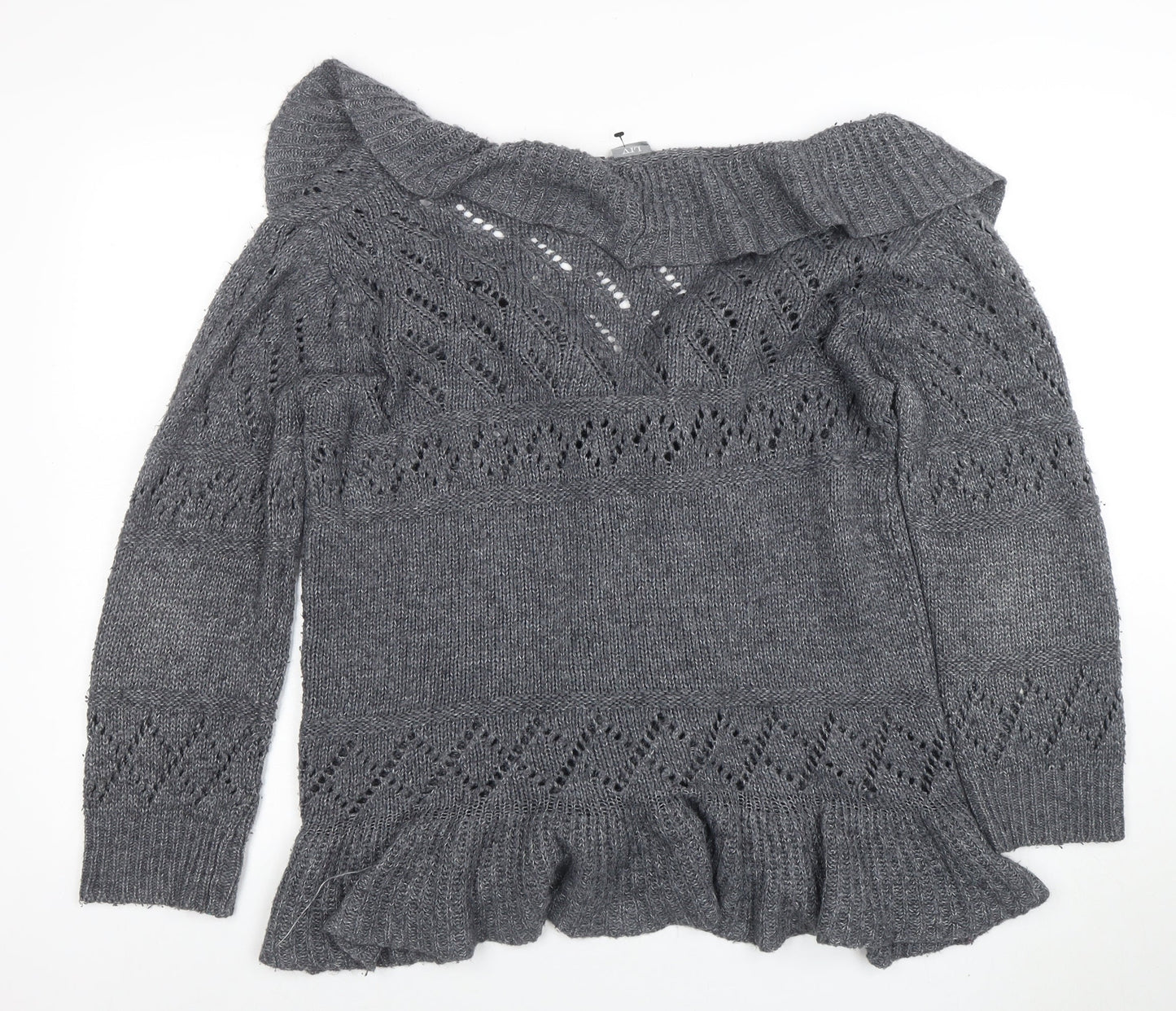 Lily Essentials Women’s Grey Ruffle Knit Open Cardigan Size 14