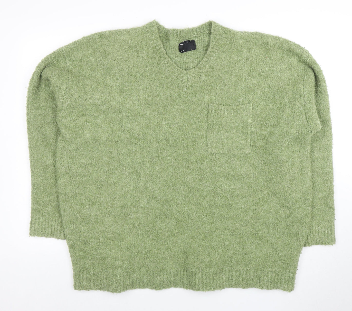 ASOS Design Men's Green Wool Blend V-Neck Jumper Size L