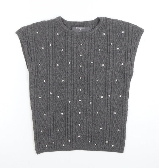 Primark Women's Grey Sleeveless Cable-Knit Beaded Pullover Jumper S