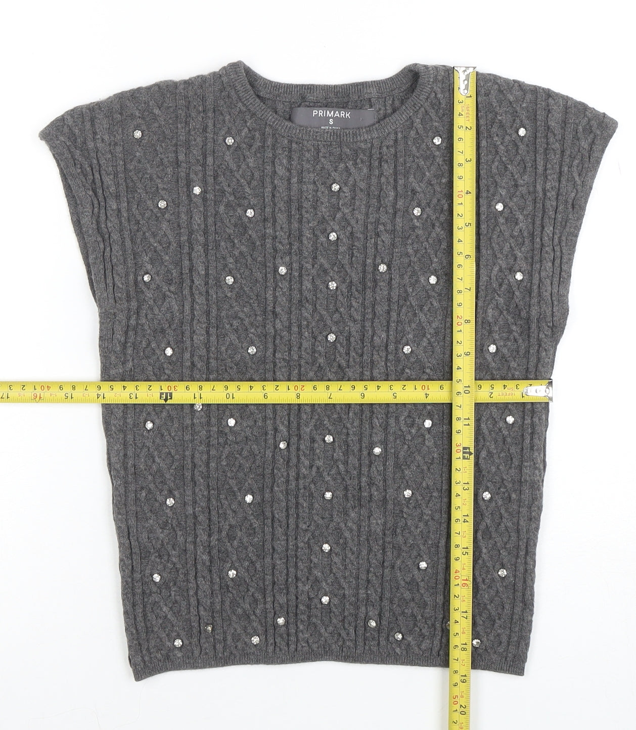 Primark Women's Grey Sleeveless Cable-Knit Beaded Pullover Jumper S