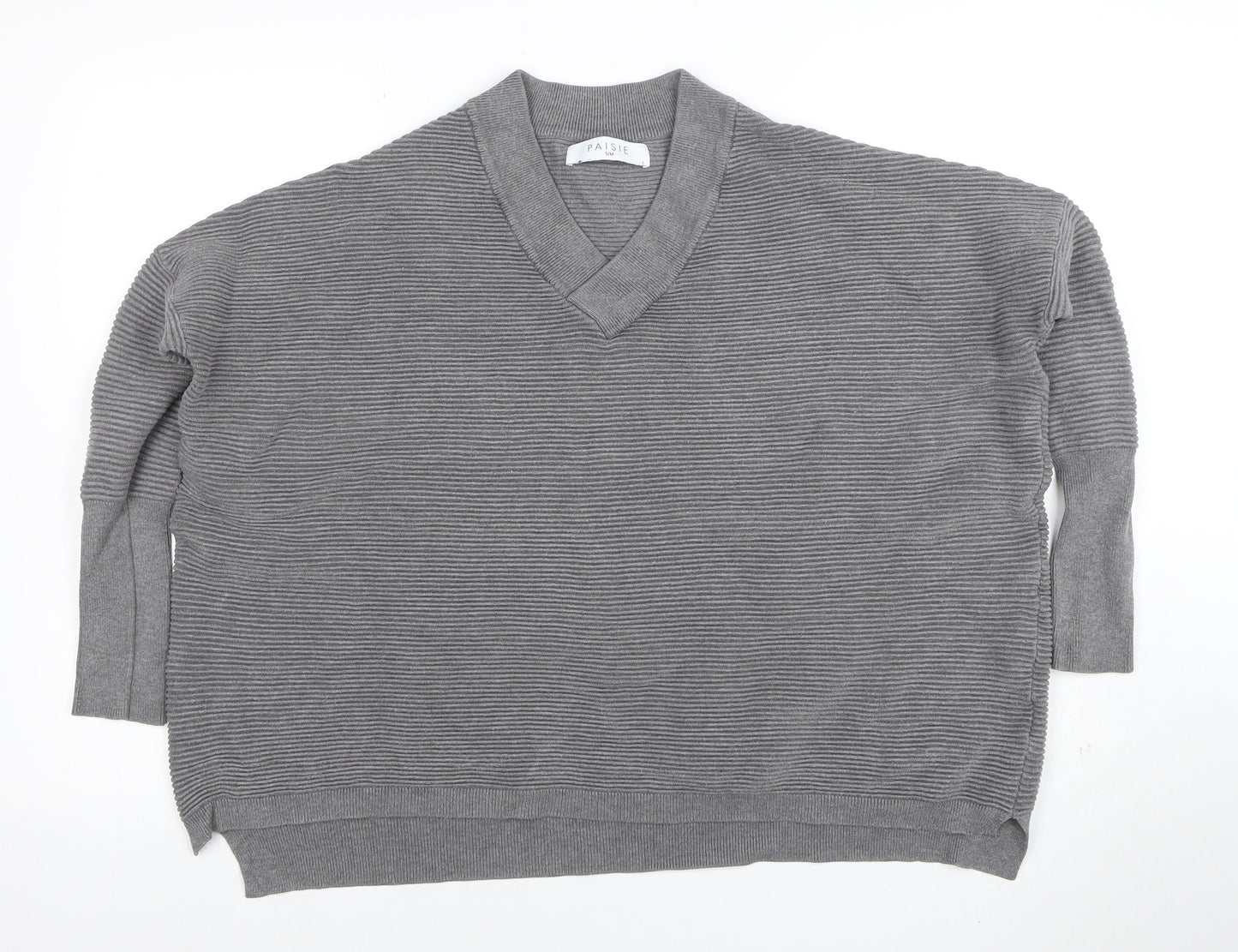 Paisie Women's Grey V-Neck Relaxed Knit Jumper S