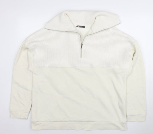 Zara Men Ivory Knit 1/2 Zip High Neck Sweatshirt Size L