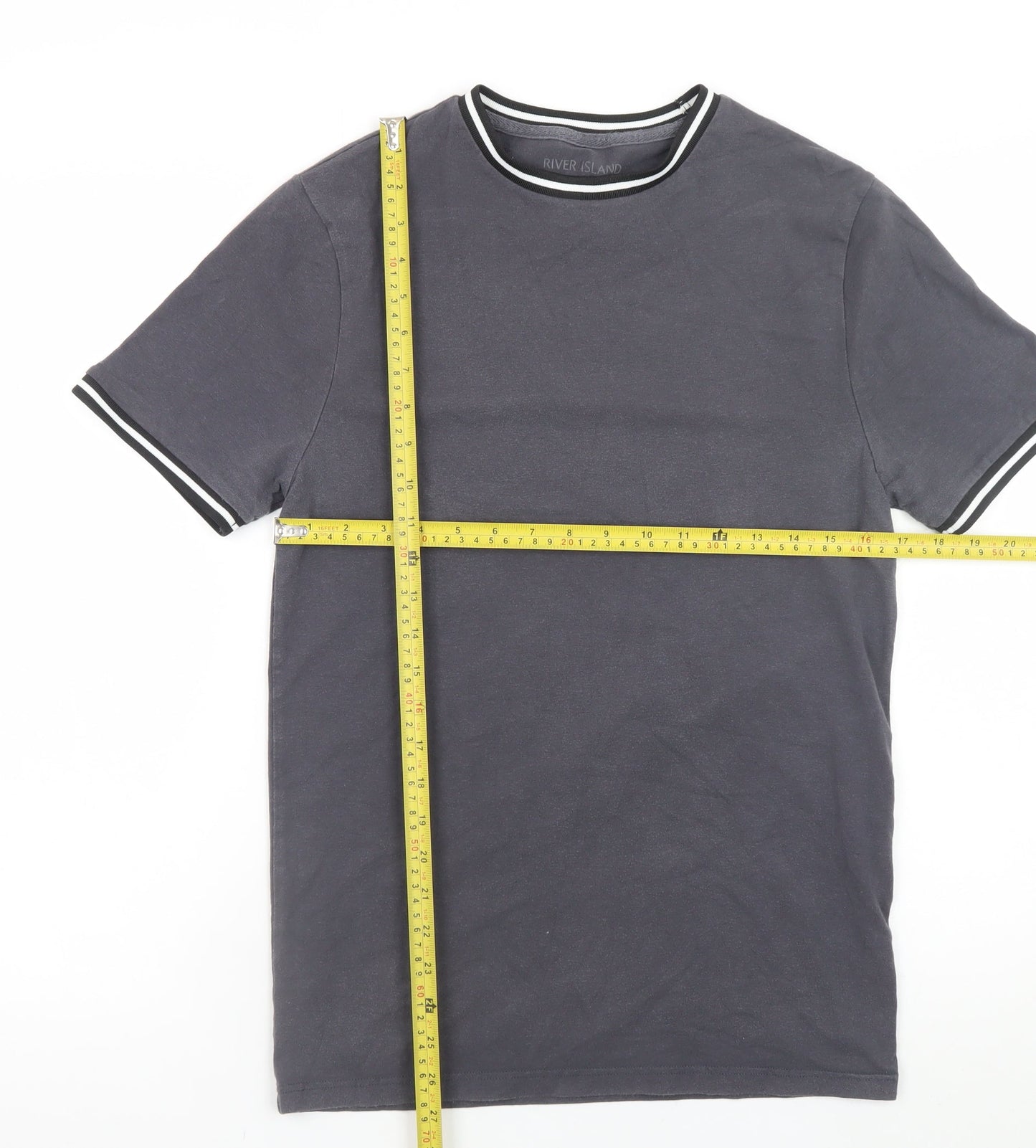 River Island Men's Grey Crew Neck Trimmed Short Sleeve T-Shirt M