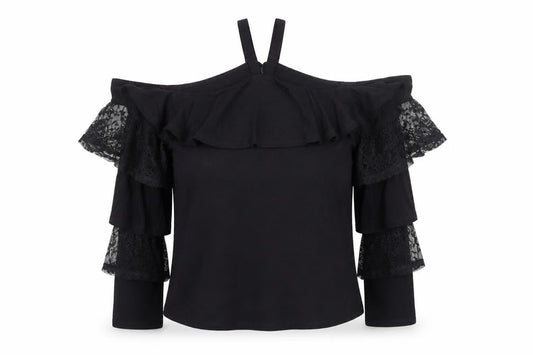 Very Women’s Black Off Shoulder Lace Ruffle Blouse UK Size 10
