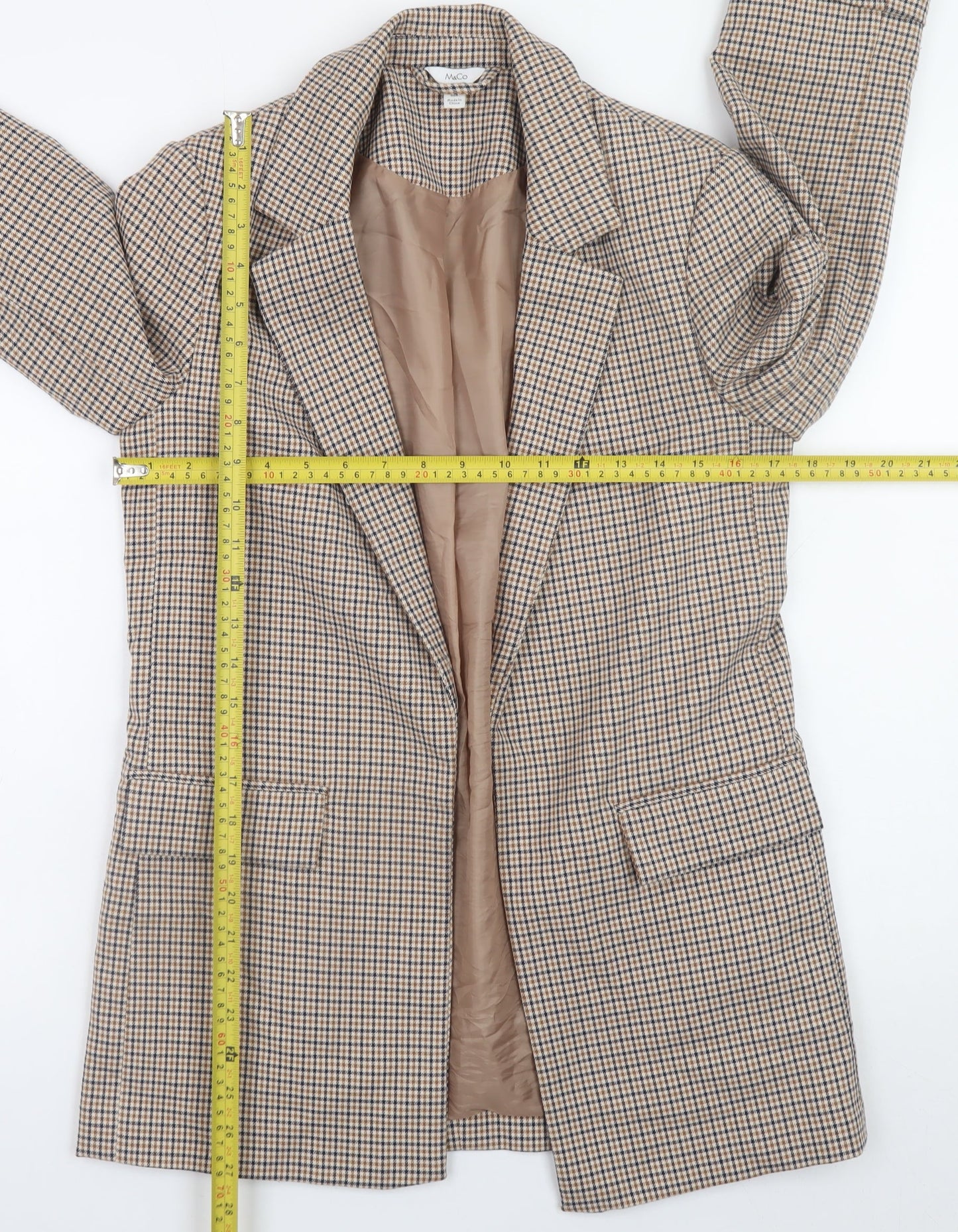 M&Co Women Beige Check Blazer UK 8 Classic Longline Jacket