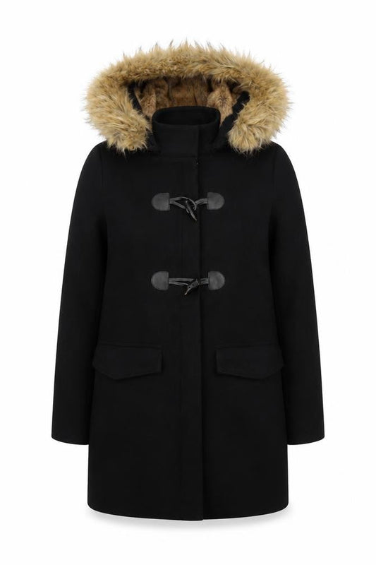 Zara Women’s Black Wool Blend Hooded Duffle Coat with Faux Fur Trim Size 8