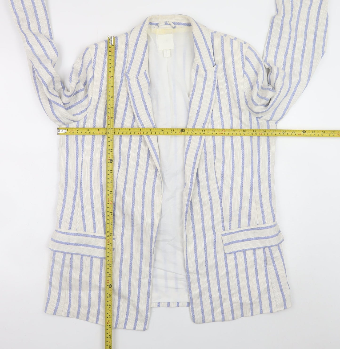 H&M Women Beige Striped Linen Blend Blazer Jacket Size 14