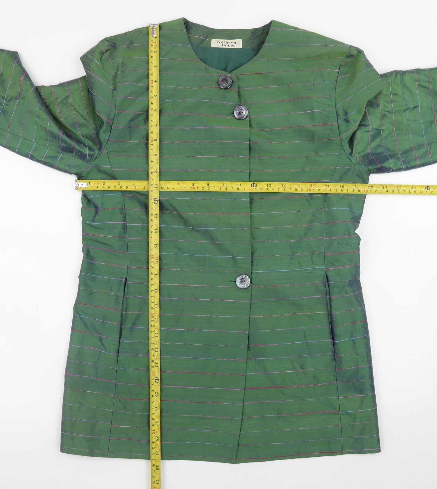Kathryn James Womens Green Silk Striped Blazer Size 12 Classic Style