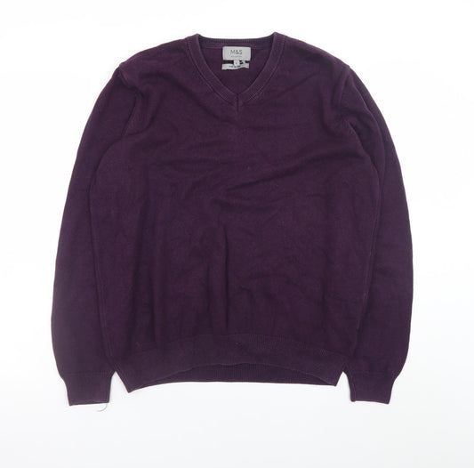 Marks and Spencer Men's Purple Cotton V-Neck Jumper Size L