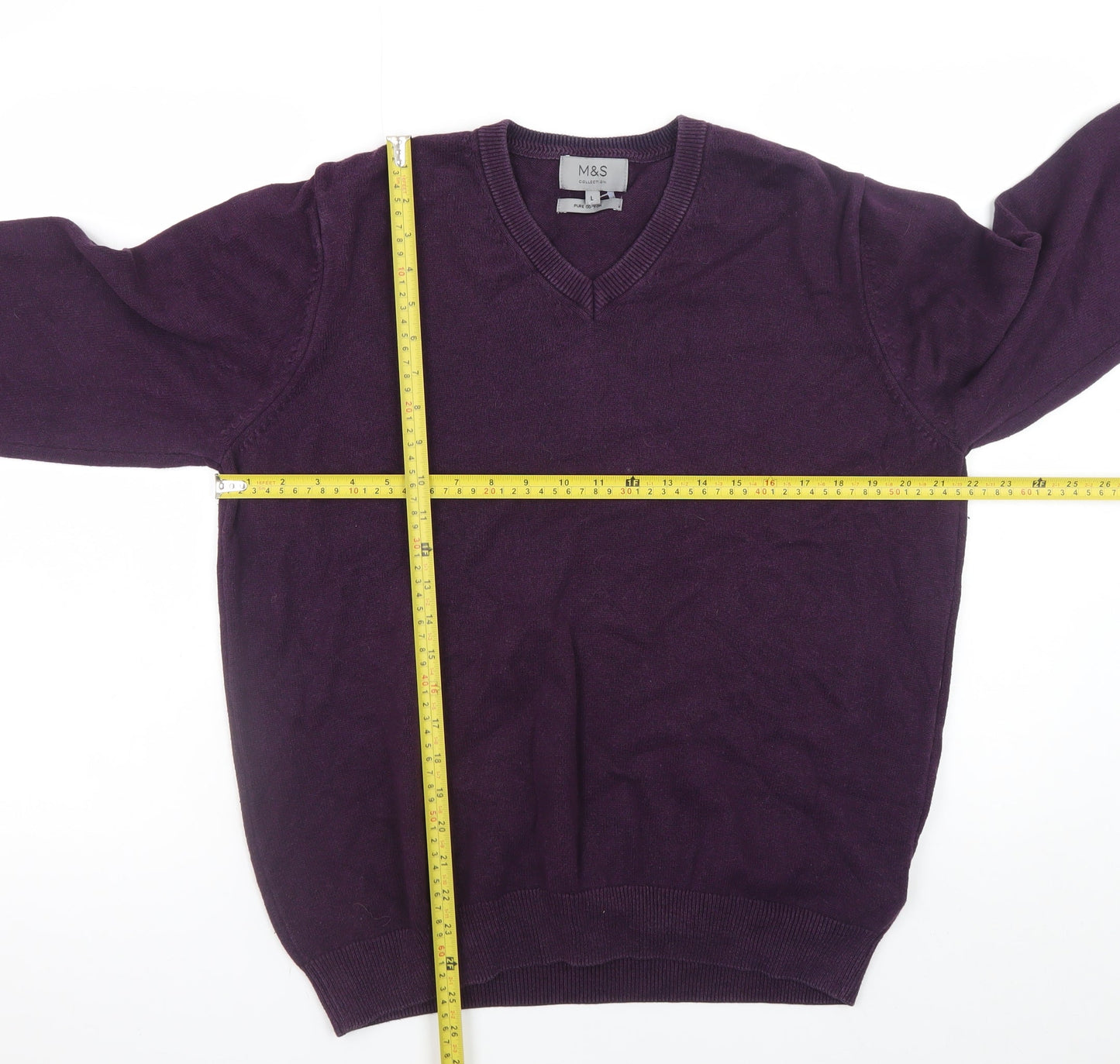 Marks and Spencer Men's Purple Cotton V-Neck Jumper Size L
