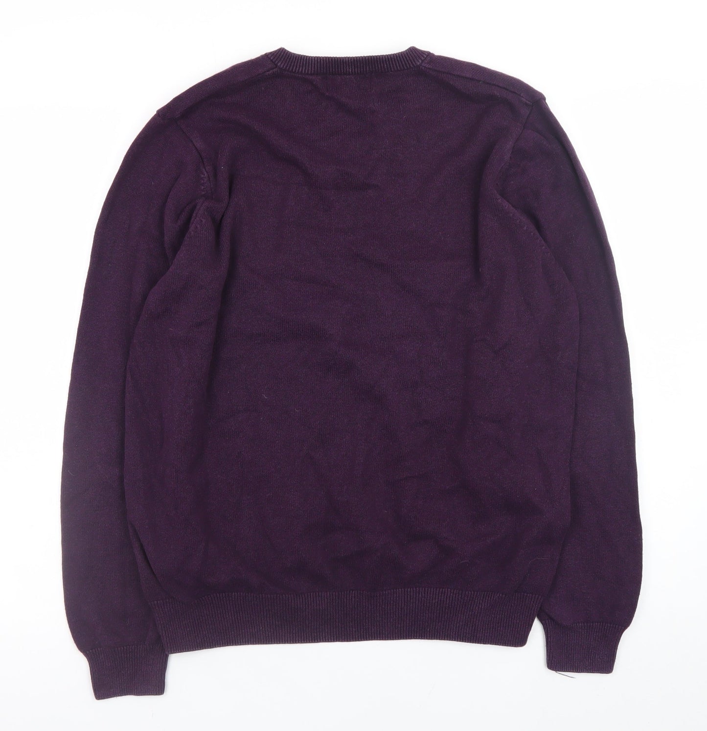 Marks and Spencer Men's Purple Cotton V-Neck Jumper Size L