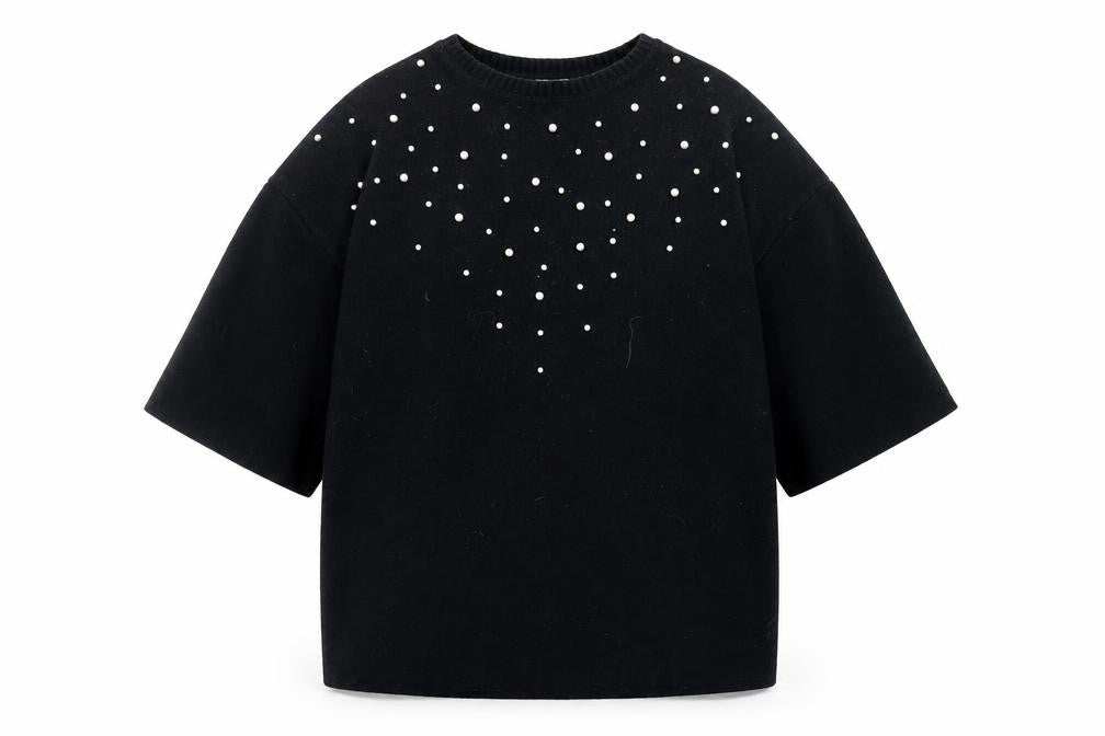 Marks & Spencer Women Black Pearl Beaded Short Sleeve Jumper Size 14