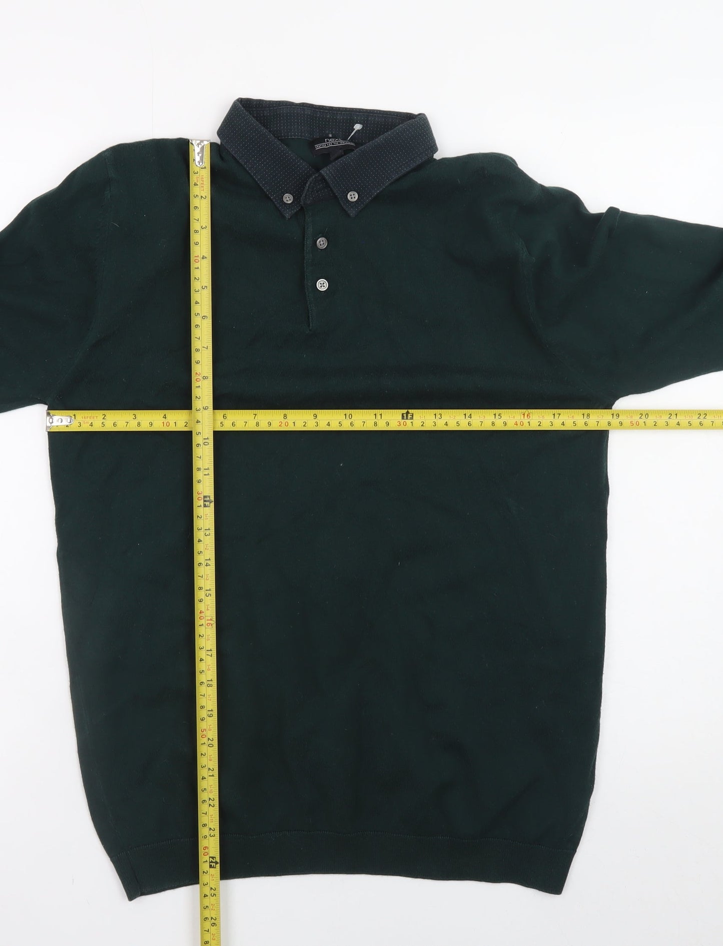 Next Mens Green Long Sleeve Polo Shirt Medium Cotton Blend