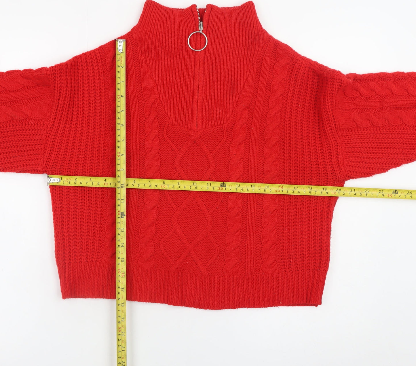Brave Soul Women's Red Cable-Knit High Neck Zip Jumper Size 12