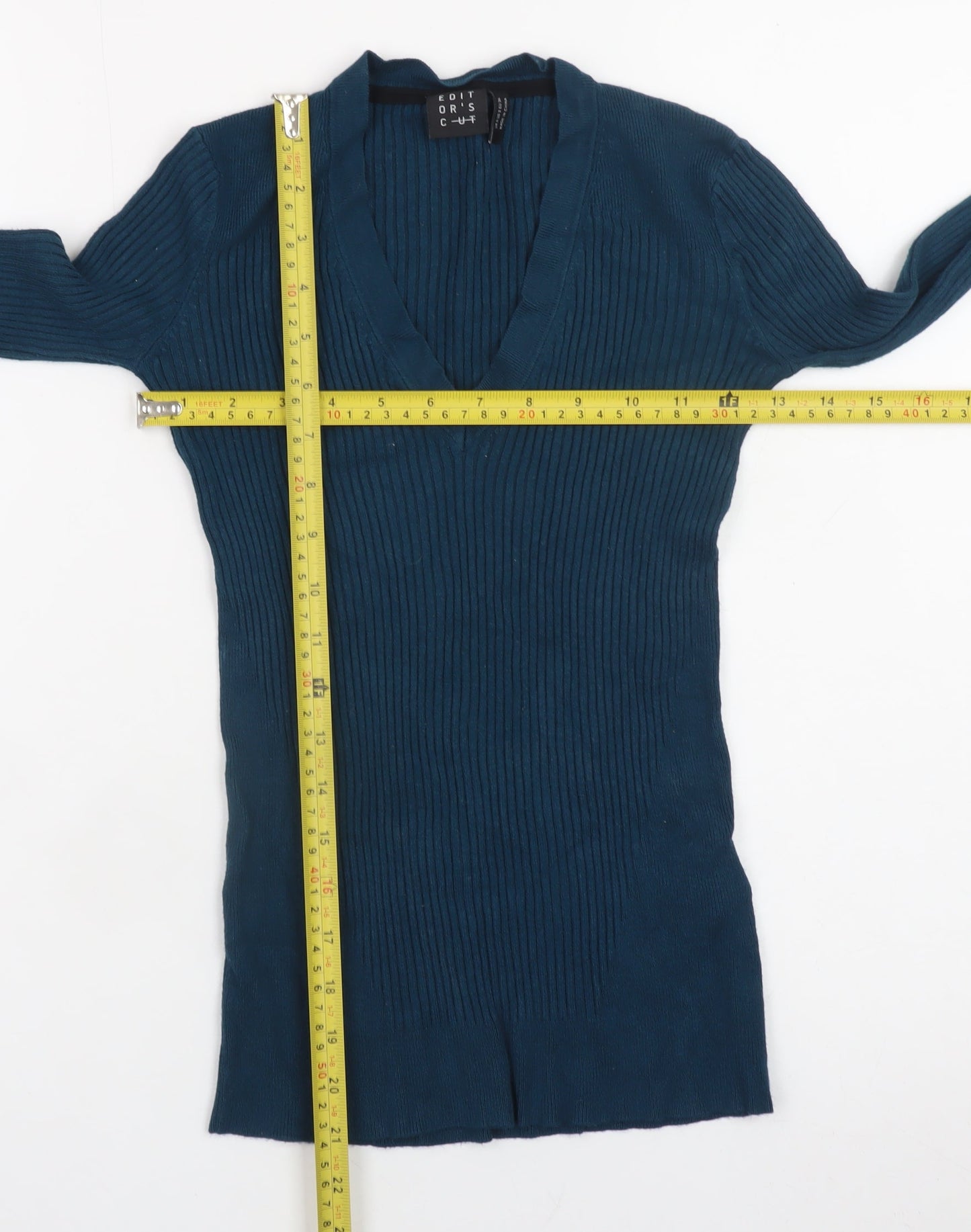 Editor's Cut Women's Blue V-Neck Ribbed Long Sleeve Pullover Jumper Size 6