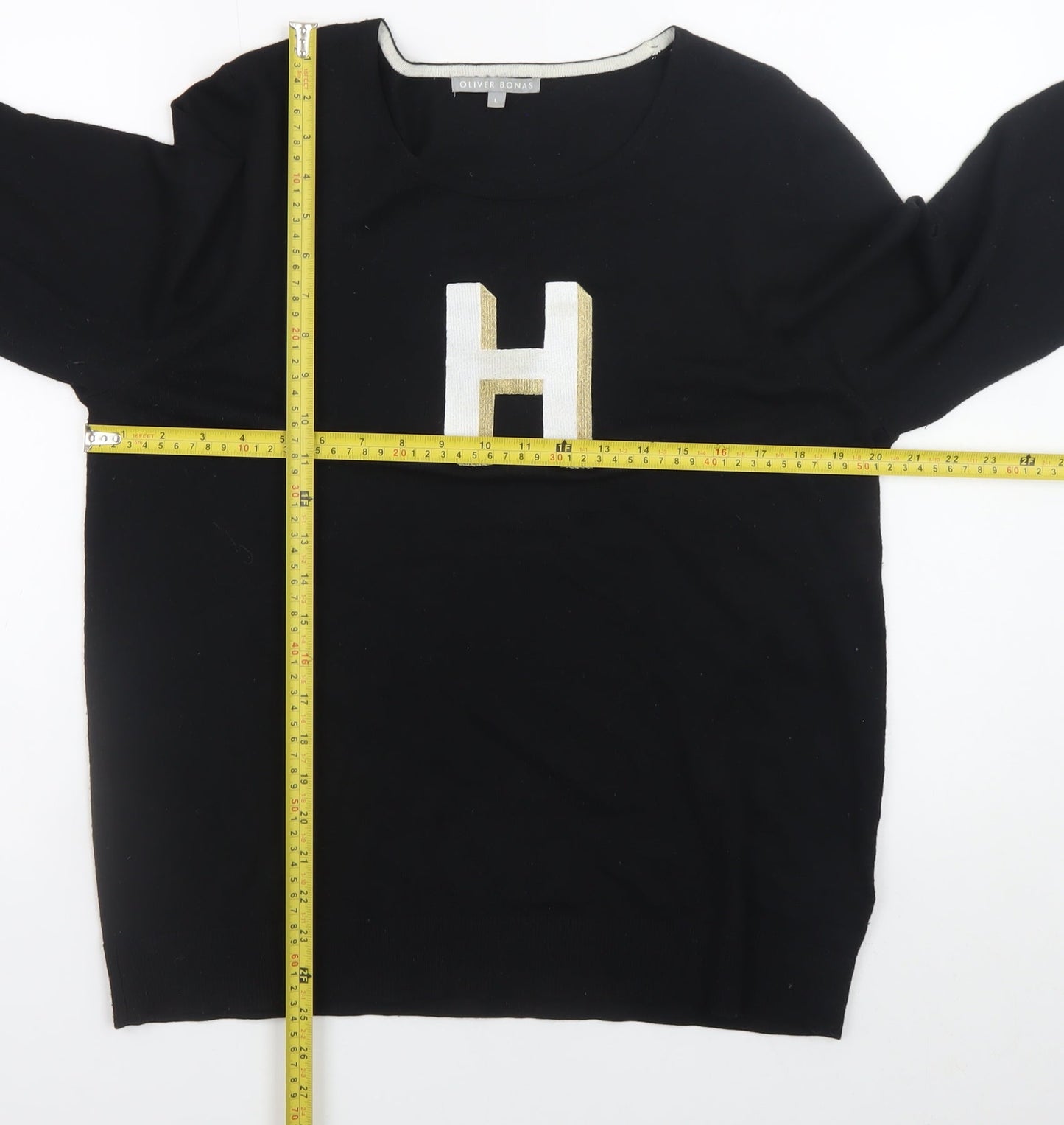 Oliver Bonas Womens Black L Crew Neck Pullover Jumper with Gold H
