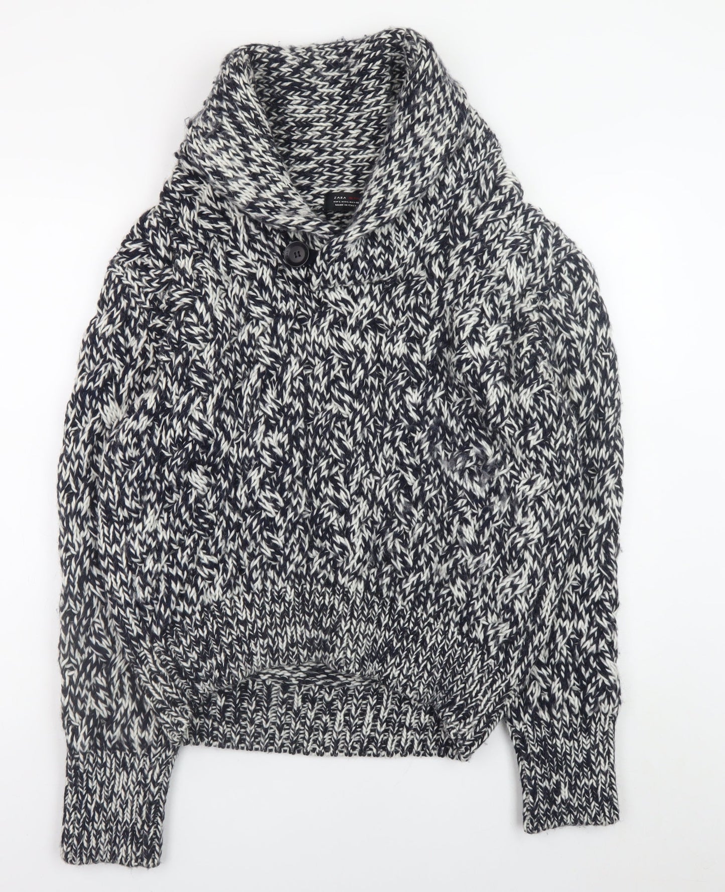 Zara Man Men's Grey Chunky-Knit Shawl Collar Pullover Jumper Size L