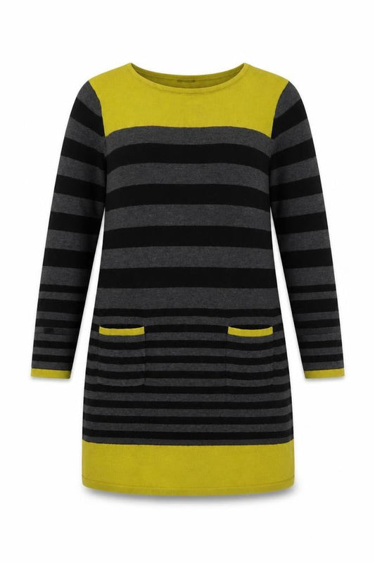 Roman Women’s Black Grey Yellow Striped Shift Knit Dress Size 16